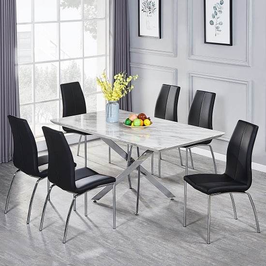 Product photograph of Deltino Magnesia Marble Effect Dining Table 6 Opal Black Chairs from Furniture in Fashion